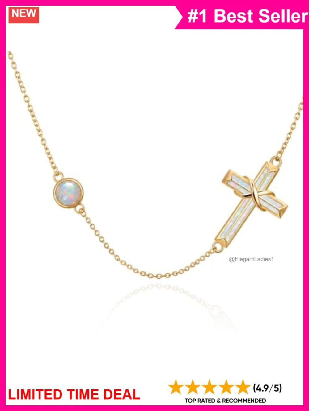 14K Gold Plated Opal Sideways Cross Pendant Necklace Adjustable 14-18"